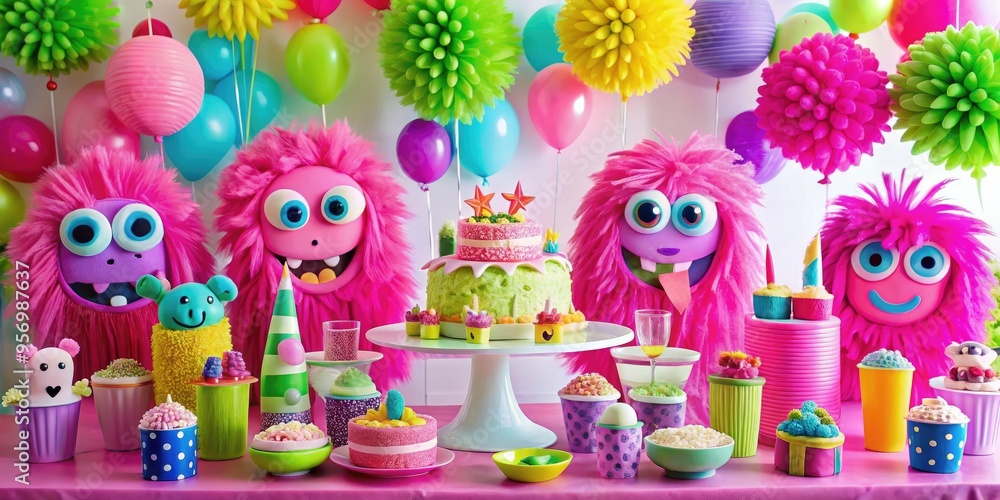 Fototapeta premium Monster party decoration ideas kids monster fun bright pink