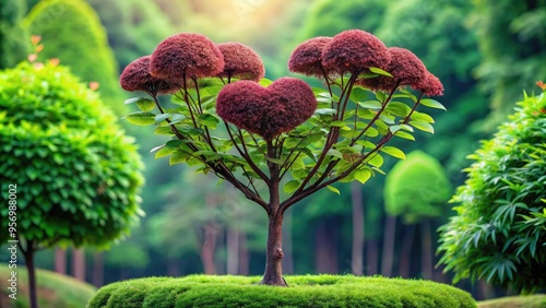 Chinese toon tree's distinctive heart-shaped leaves with serrated edges and reddish-brown stems create a striking contrast against a blurred green forest background. photo