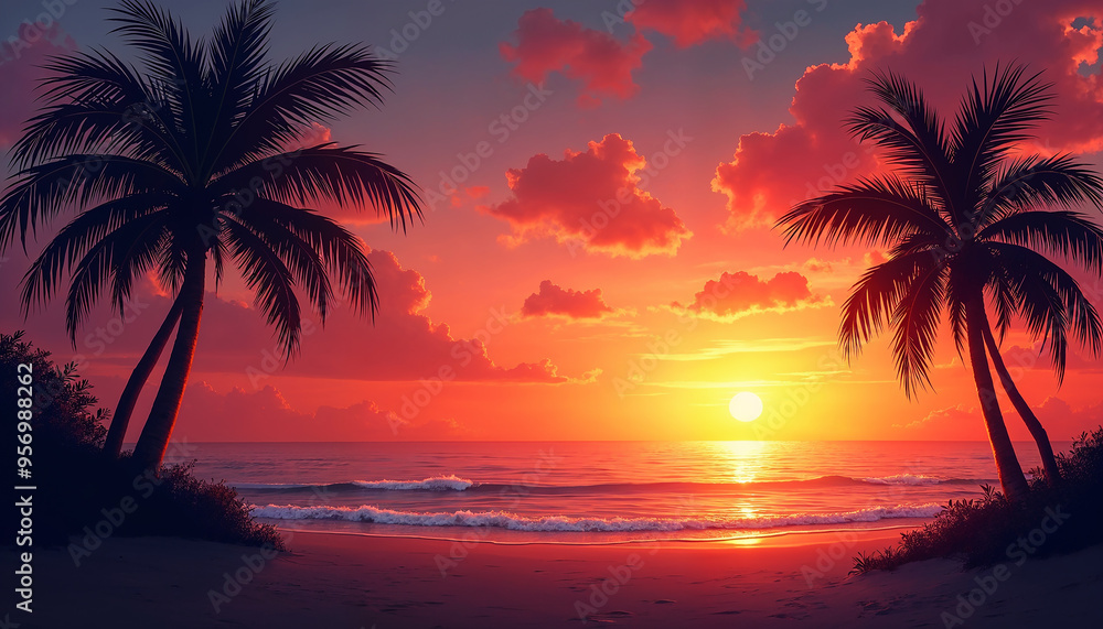 Retro Tropical Beach View with Palm Tree, Sunset Over the Sea Retro Tropical Beach View with Palm Tree, Sunset Over the Sea