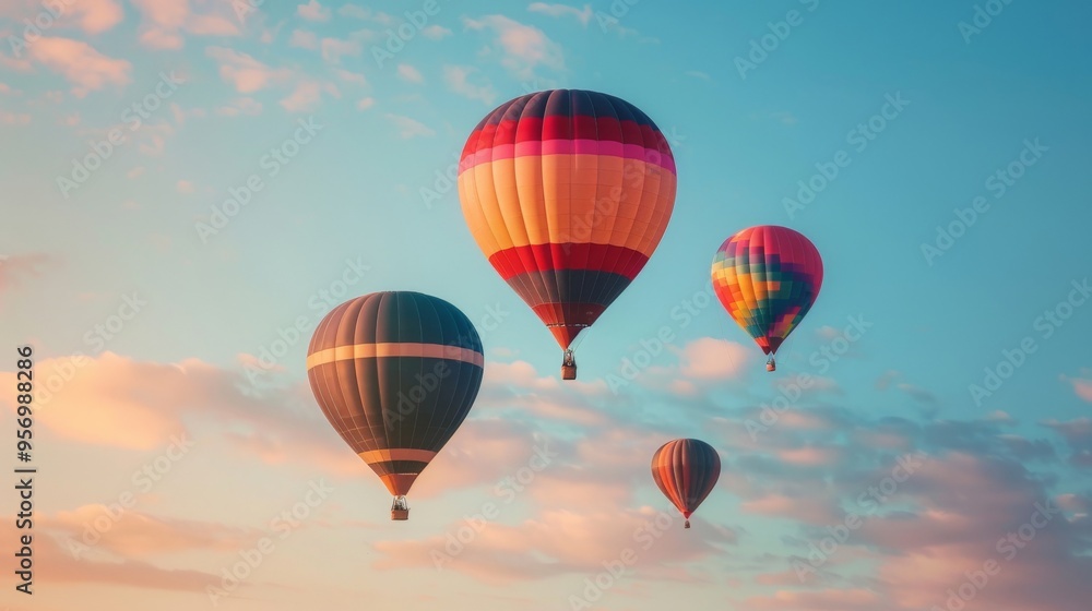 Fototapeta premium Hot air balloons floating peacefully against a morning sky