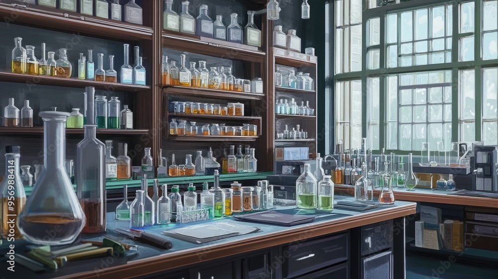 A detailed view of a chemistry lab interior, with lab benches, instruments, and glass containers neatly arranged. A detailed view of a chemistry lab interior, with lab benches, instruments, and glass containers neatly arranged.