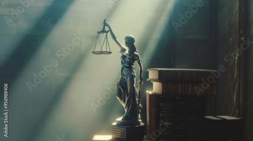 A bronze statue of Lady Justice bathed in sunlight, casting an inspiring presence in a library filled with law books. photo