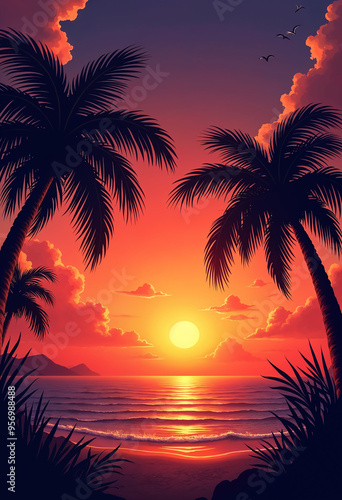 Retro Tropical Beach View with Palm Tree, Sunset Over the Sea