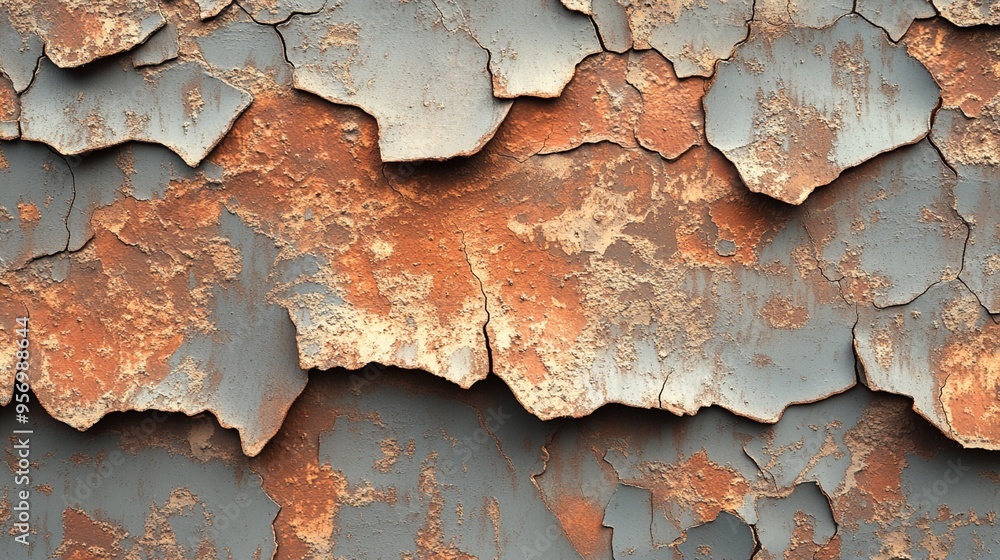 Layers of peeling paint reveal a weathered history, with rusty orange hues emerging beneath faded blue-gray surface, creating a textured abstract canvas. Layers of peeling paint reveal a weathered history, with rusty orange hues emerging beneath faded blue-gray surface, creating a textured abstract canvas.
