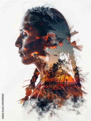 white background, double exposure of a native american shaman, head profile, filled with the plains and sky of arizona, with generative ai photo