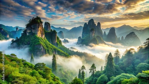 Soft, misty veil shrouds rugged mountain peaks, casting an ethereal glow on the serene, verdant landscape, evoking a sense of mystique and tranquility. photo