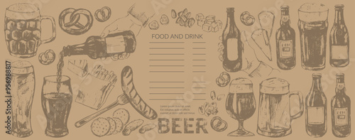 Vector beer background on craft brown paper. Beer bottles, glass, mug, snacks, hand holding beer bottle.