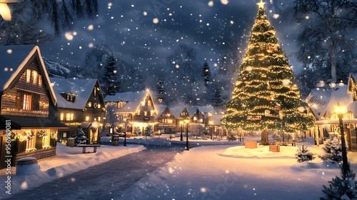 A picturesque snowy winter village scene featuring charming cottages adorned with twinkling lights and a large, beautifully decorated Christmas tree in the town square.Creating a magical winter