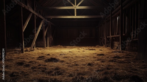 A dimly lit, empty barn with wooden beams and hay on the floor, capturing the essence of rural life.