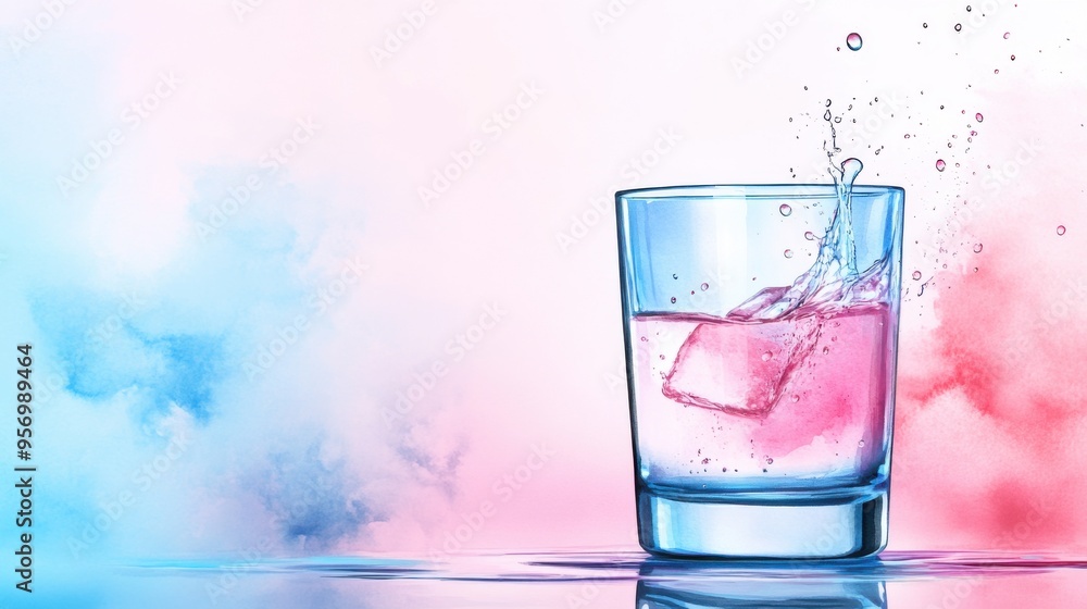 A refreshing splash of ice in a glass, surrounded by colorful smoke, perfect for beverage and party themes. A refreshing splash of ice in a glass, surrounded by colorful smoke, perfect for beverage and party themes.