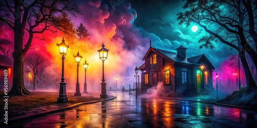 mysterious dark eerie atmospheric ominous haunting somber desolate somberly chromatic colors contrasting shadows illuminated vibrant