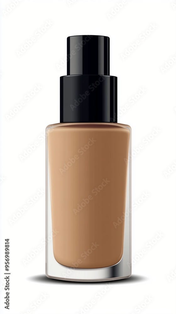 Sleek glass bottle of liquid foundation makeup in a warm beige tone, featuring a black pump dispenser, perfect for achieving flawless skin coverage. Sleek glass bottle of liquid foundation makeup in a warm beige tone, featuring a black pump dispenser, perfect for achieving flawless skin coverage.