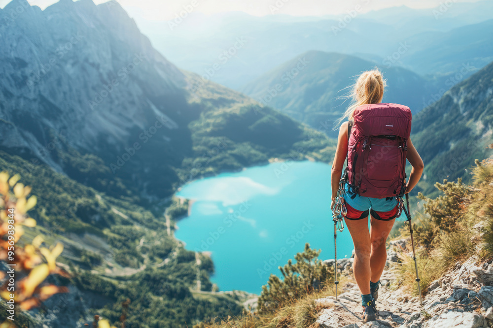 Φωτογραφία Splending view of a female climber hiking over mountain ridge against blue,turquoise lake