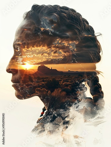 white background, double exposure of a native american shaman, head profile, filled with the plains and sky of arizona, with generative ai photo