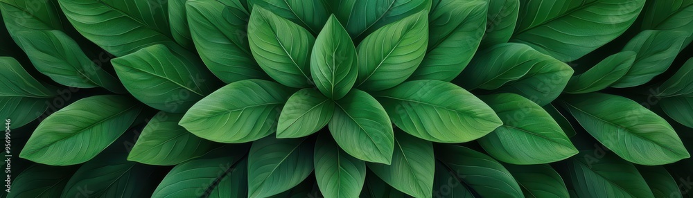 Fototapeta premium A lush arrangement of green leaves showcases nature's beauty and tranquility, ideal for backgrounds, designs, and eco-themed projects.