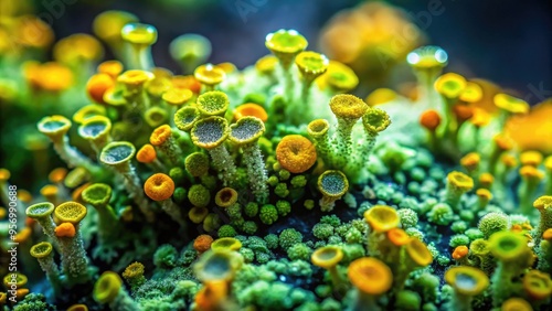 Close-up of delicate lichen thallus with vibrant green and yellow hues, showcasing intricate texture and releasing tiny spores into the air. photo