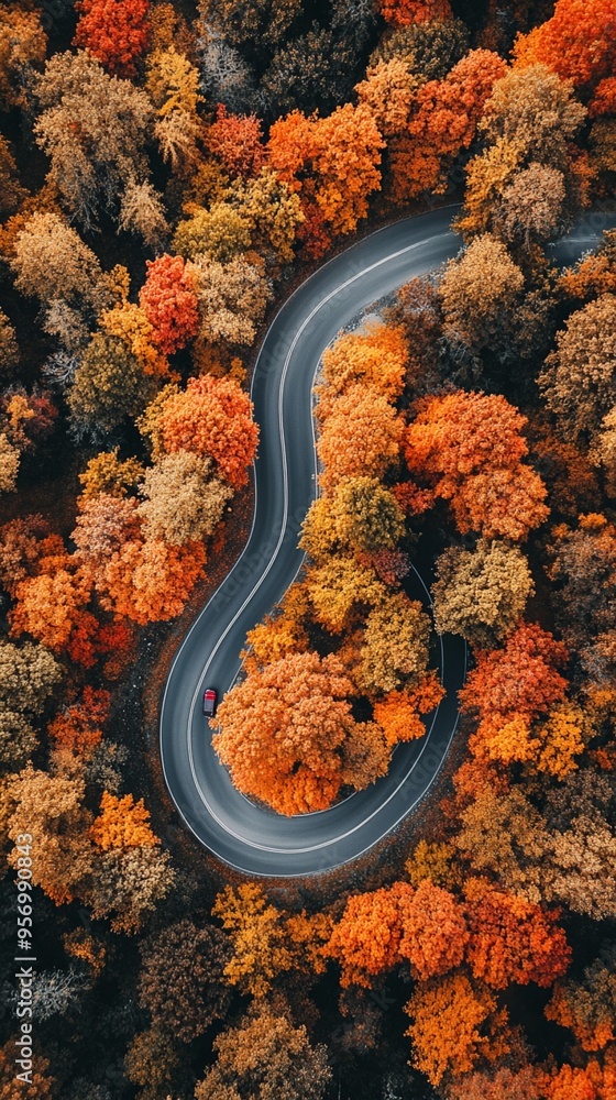 Aerial view of a winding road cutting through a vibrant autumn forest, showcasing a stunning palette of orange, red, and golden foliage in a mesmerizing display of fall colors. Aerial view of a winding road cutting through a vibrant autumn forest, showcasing a stunning palette of orange, red, and golden foliage in a mesmerizing display of fall colors.