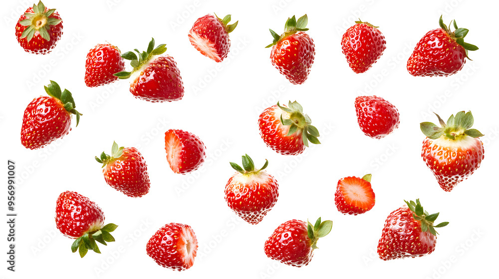 Strawberries Flying on White Background Strawberries Flying on White Background