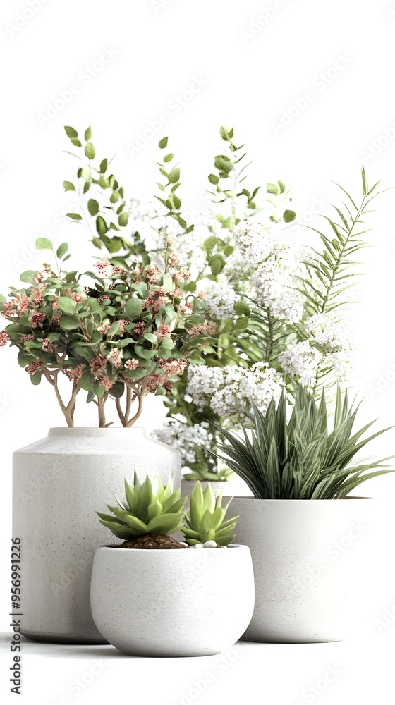 Fototapeta premium Artful Arrangement of Potted Plants and Flowers Against a Natural White Background