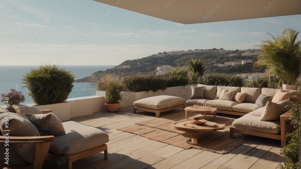 Fototapeta premium Modern terrace in light shades, summer