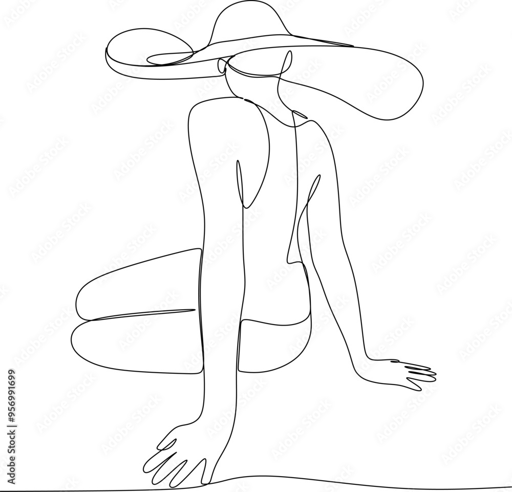 Continuous line art or one line drawing of a girl on the beach. Summer holiday happiness of carefree joyful woman standing on sandy tropical beach. Vector illustrations Continuous line art or one line drawing of a girl on the beach. Summer holiday happiness of carefree joyful woman standing on sandy tropical beach. Vector illustrations