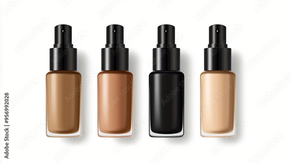 Diverse shades of liquid foundation bottles arranged in a row, showcasing a range of skin tones from light to dark for inclusive beauty options. Diverse shades of liquid foundation bottles arranged in a row, showcasing a range of skin tones from light to dark for inclusive beauty options.