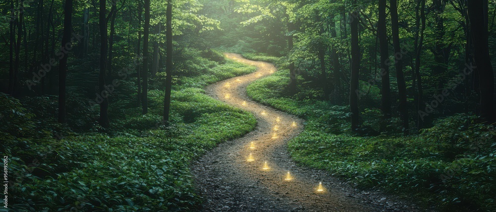 Obraz premium Winding forest pathway illuminated by glowing lights under a canopy of lush green trees, inviting a sense of tranquility.