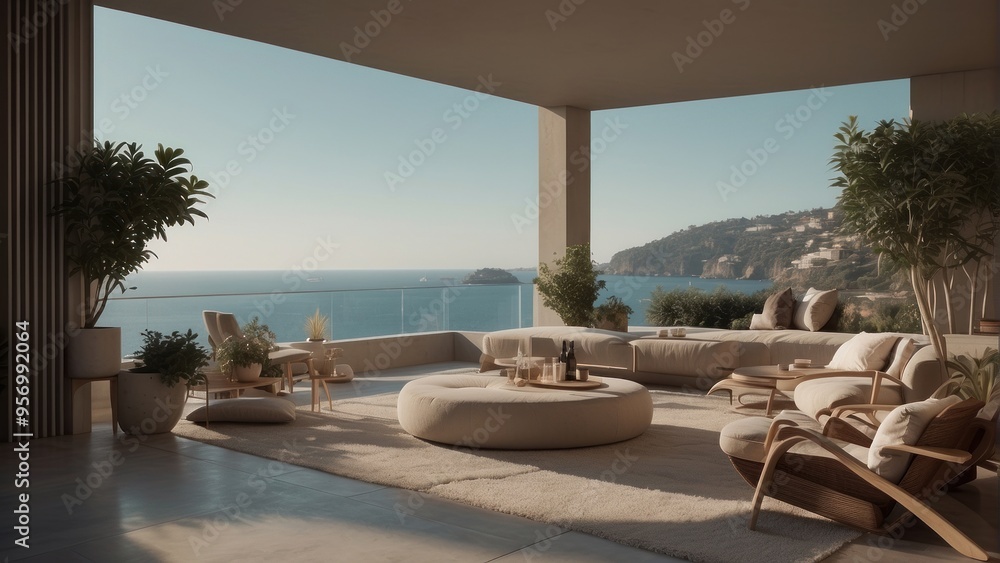 Fototapeta premium Modern terrace in light shades, summer