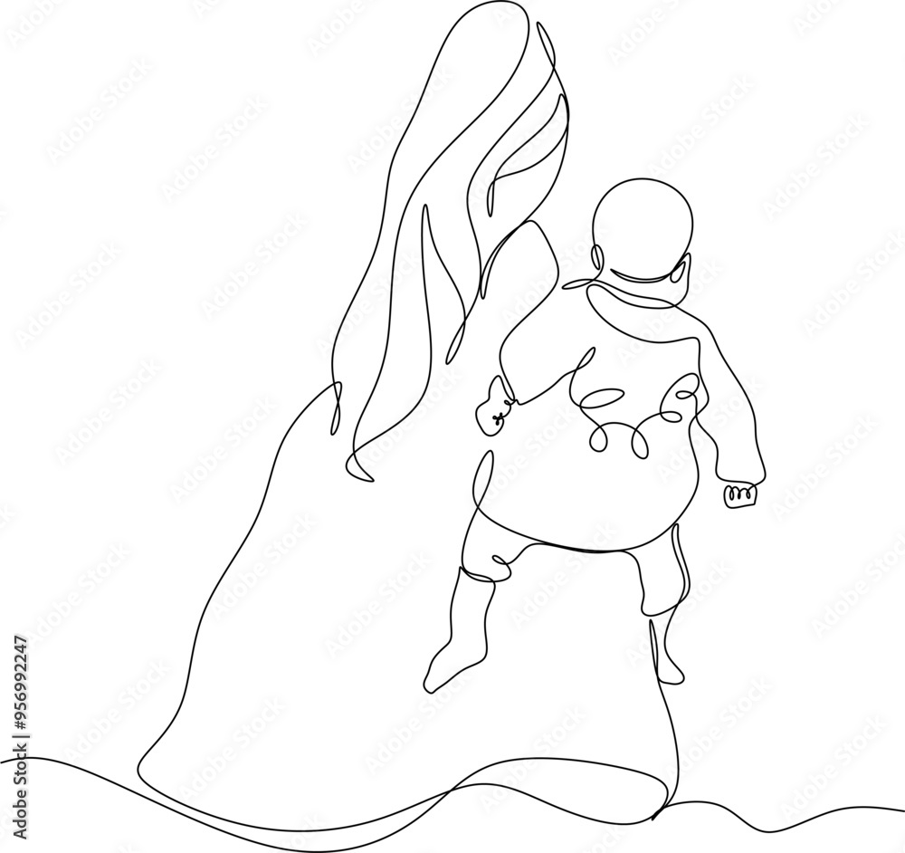 Linear drawing of a mother holding her baby. Linear drawing of a mother holding her baby.
