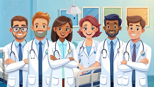 Colorful cartoon illustration of smiling medical professionals in white coats and stethoscopes standing around a patient's hospital bed with fun medical gadgets and equipment. photo