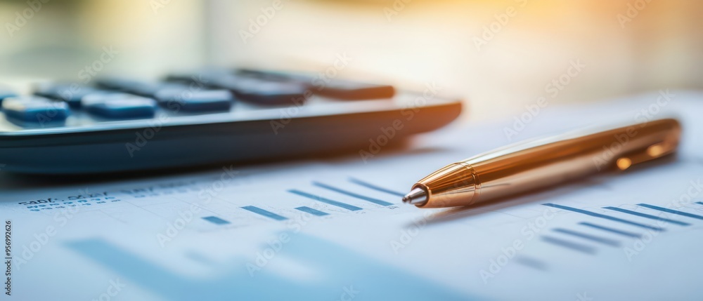 Fototapeta premium Close up of a calculator and pen on a financial document with charts, representing accounting and financial planning concepts.