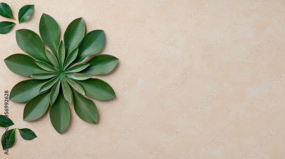 A vibrant green leaf arrangement on a soft beige background, perfect for nature-themed projects and designs. A vibrant green leaf arrangement on a soft beige background, perfect for nature-themed projects and designs.
