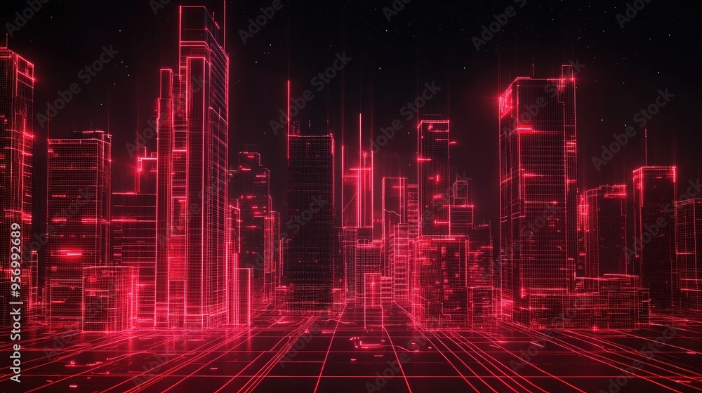 A futuristic city skyline glowing in red neon, with digital wireframe buildings against a pitch-black sky. f A futuristic city skyline glowing in red neon, with digital wireframe buildings against a pitch-black sky. f