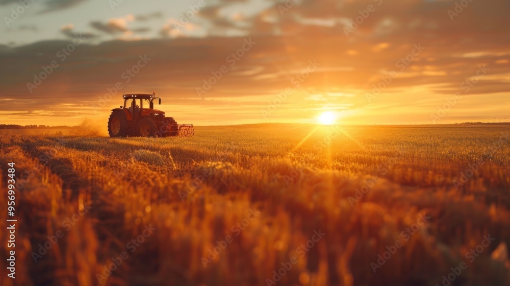 Fototapeta premium The warm golden light of a vibrant sunset casts a stunning glow over a tractor working in a lush agricultural landscape
