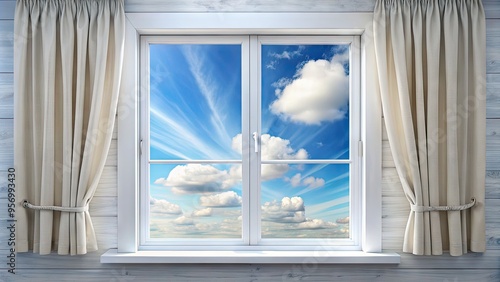 Sparkling clean white window frame with subtle wood grain texture, adorned with minimalistic curtains, set against a soft blue sky with fluffy white clouds. photo