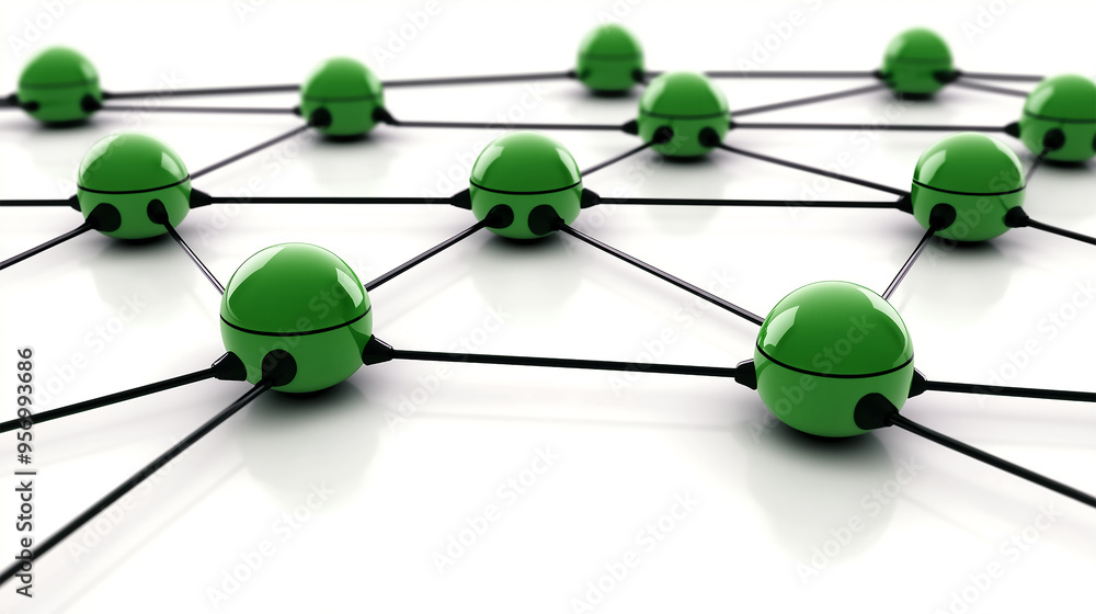 Fototapeta premium 3d Social networking green plastic nodes background, interconnected by lines to form a grid structure, indicating interconnections and relationships in the social community or business