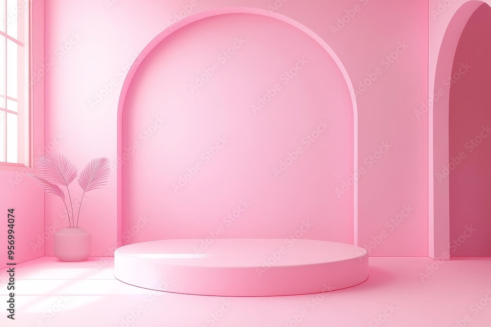 In 3D, a blank pink display is displayed against a minimal red background. A blank stand is there to display a product. In 3D, a blank pink display is displayed against a minimal red background. A blank stand is there to display a product.