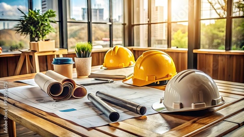Commercial building plans and architectural blueprints spread out on a wooden table amidst construction hats, hard hats, and pile of signed contracts and documents.