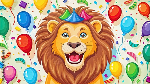 Colorful, whimsical illustration of a smiling lion surrounded by confetti, balloons, and stickers in a fun, celebratory design, rendered in bold vector graphics. photo