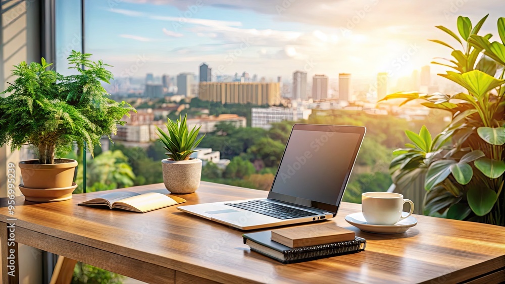 Cozy modern home office setup with laptop, notebooks, and coffee cup on a wooden desk, surrounded by plants and a blurred cityscape background. Cozy modern home office setup with laptop, notebooks, and coffee cup on a wooden desk, surrounded by plants and a blurred cityscape background.