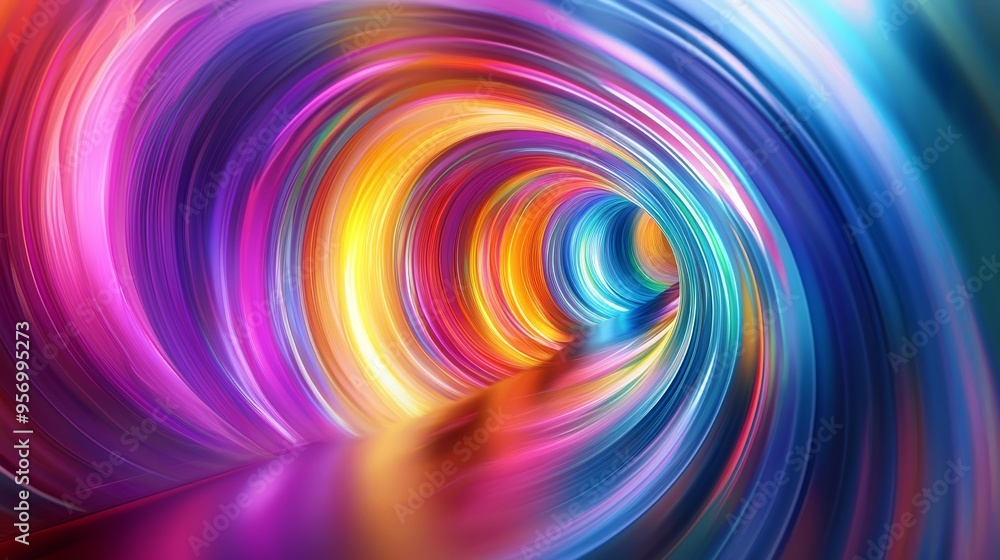A three-dimensional rendering featuring an abstract multicolor spectrum background, neon rays in bright orange and blue and glowing lines of color A three-dimensional rendering featuring an abstract multicolor spectrum background, neon rays in bright orange and blue and glowing lines of color