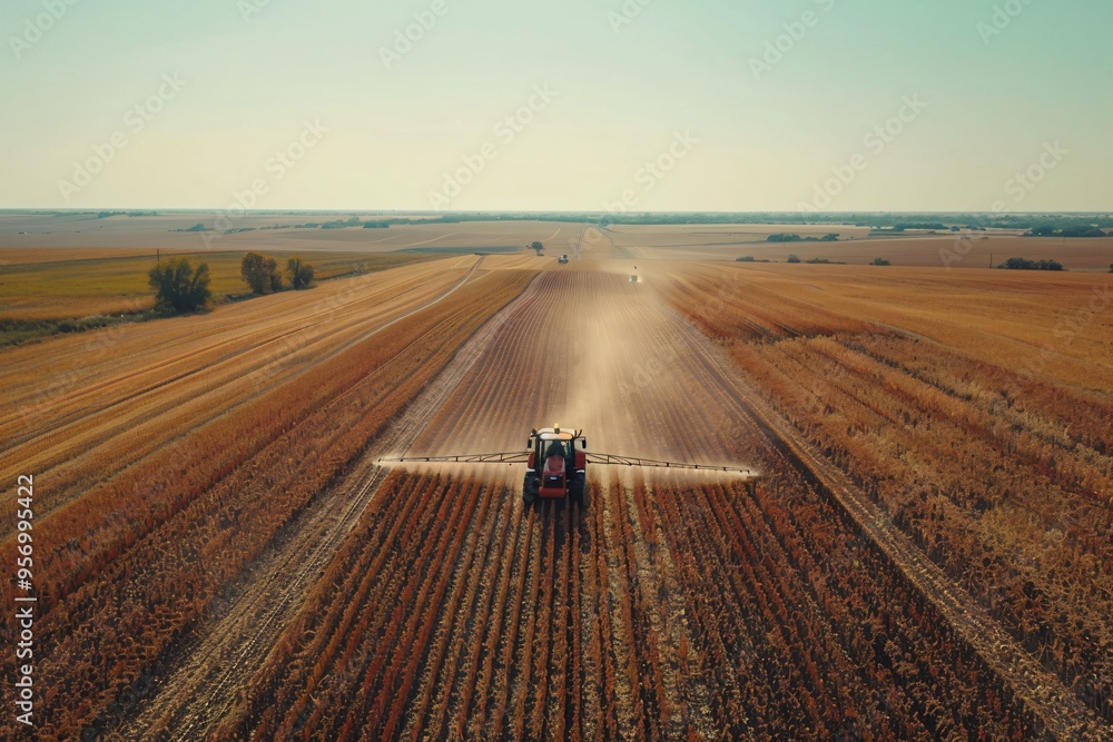 Fototapeta premium Aerial View of Tractor Spraying Crops in a Field