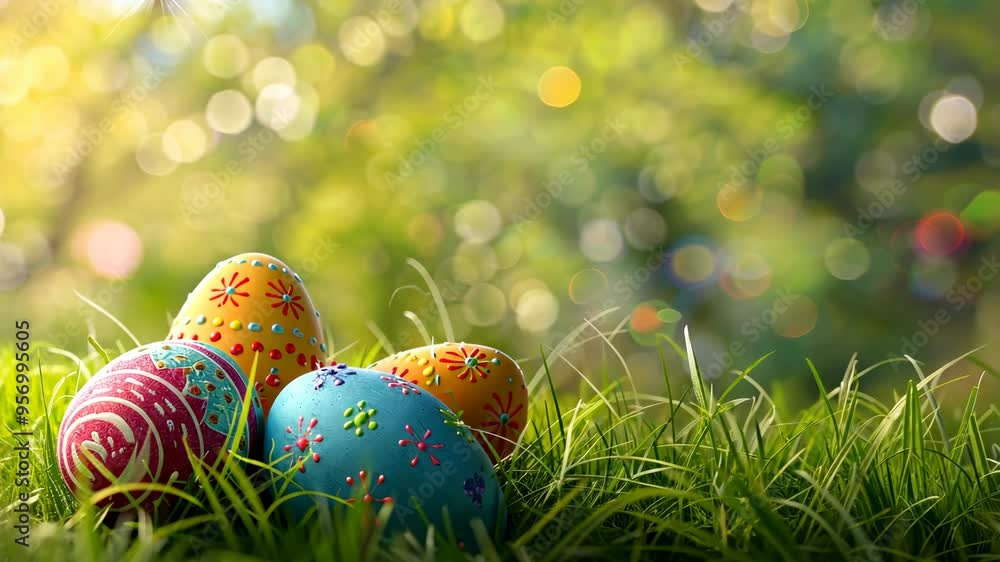 Colorful Easter eggs beautifully arranged in vibrant grass under a sunny sky during springtime celebration Colorful Easter eggs beautifully arranged in vibrant grass under a sunny sky during springtime celebration