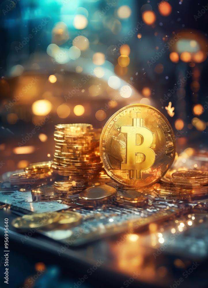pile coins with bit coin on top pile coins with bit coin on top