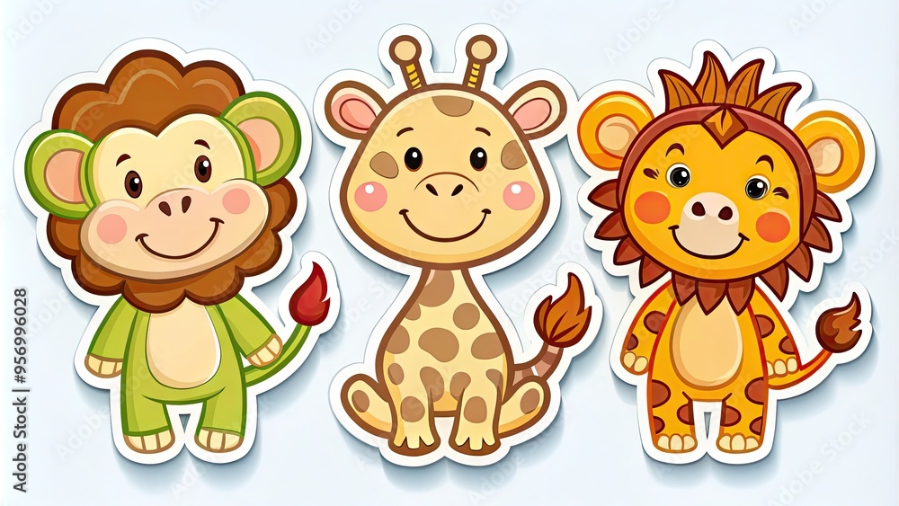 Cute cartoon animal stickers featuring smiling monkey, lion, and giraffe icons in bright colors and playful poses, perfect for fun designs. Cute cartoon animal stickers featuring smiling monkey, lion, and giraffe icons in bright colors and playful poses, perfect for fun designs.