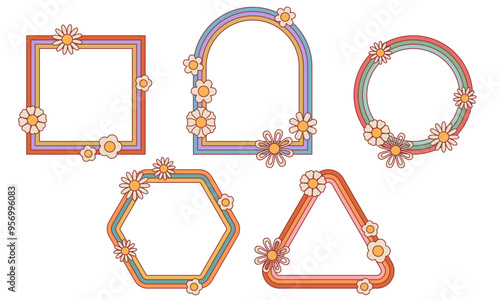 Hippie retro style borders frame. Vector colorful Hippie linear banners and frames with flowers. Design elements and shapes for abstract Hippie backgrounds and Hippie modern art