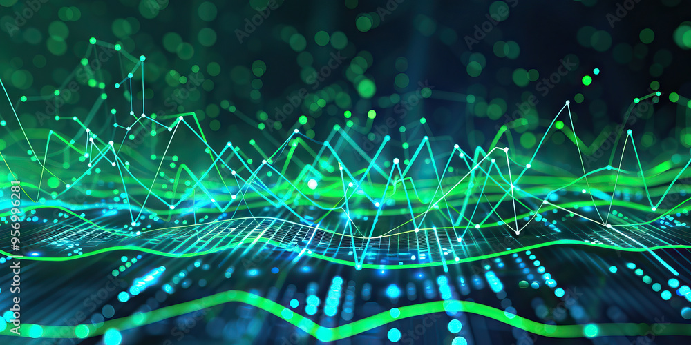 Green and Blue Market Graphs on Abstract Canvas: A set of vibrant green and blue lines and dots forming a market graph, great for business-related backgrounds. Green and Blue Market Graphs on Abstract Canvas: A set of vibrant green and blue lines and dots forming a market graph, great for business-related backgrounds.