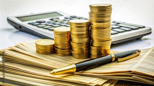 Stack of cash and gold coins on a pile of contracts, with a calculator and pen, symbolizing lucrative business deals and financial success. photo