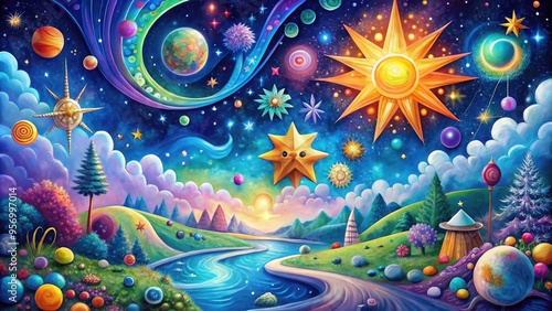 Wallpaper Mural star doodle icon fantasy landscape whimsical mystical colorful glow mythical creatures dreamlike atmosphere magical universe celestial bodies planetarium astronomical objects planetary systems Torontodigital.ca