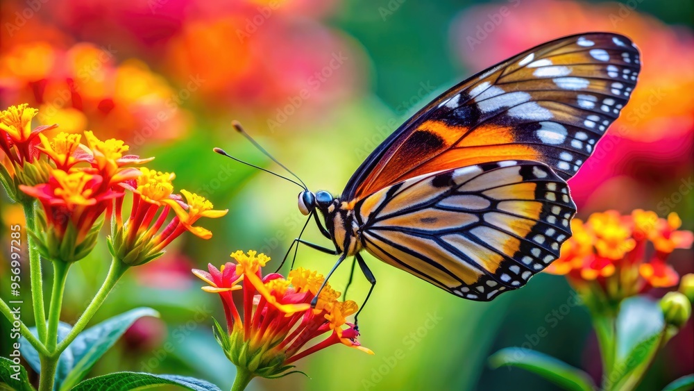 Delicate butterfly sips sweet nectar from Macro flowers using its unusually long proboscis, showcasing intricate details and vibrant colors. Delicate butterfly sips sweet nectar from Macro flowers using its unusually long proboscis, showcasing intricate details and vibrant colors.